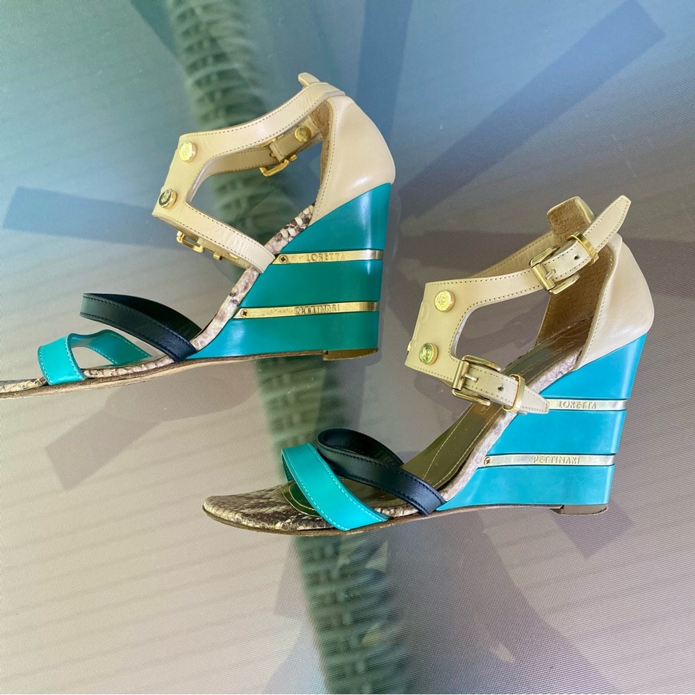 🇮🇹Loretta Pettinari, Italy 38. Turquoise Blue & Cream Strappy Wedge Sandals. 38 - Picture 13 of 16
